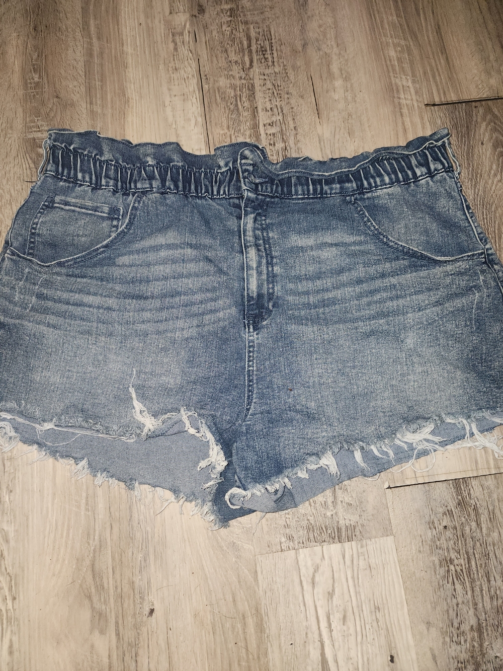 No Boundaries Medium Blue Distressed Paperbag Waist Jean Shorts